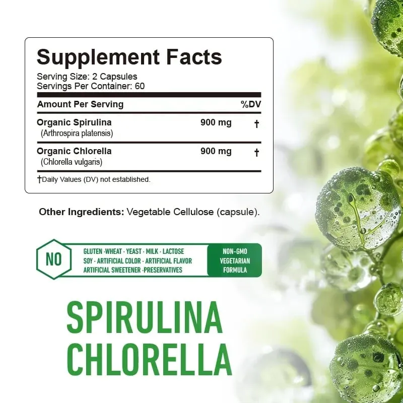 Spirulina Chlorella Capsules - Supports Cardiovascular and Immune System Health Powerful Antioxidant