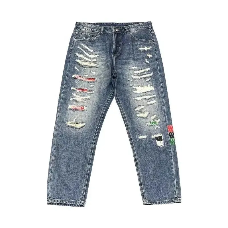 Spring and Autumn New Fashion Trend Ripped Straight Leg Elastic Jeans For Men's Casual Loose Retro Sports High-end Jeans 28-36