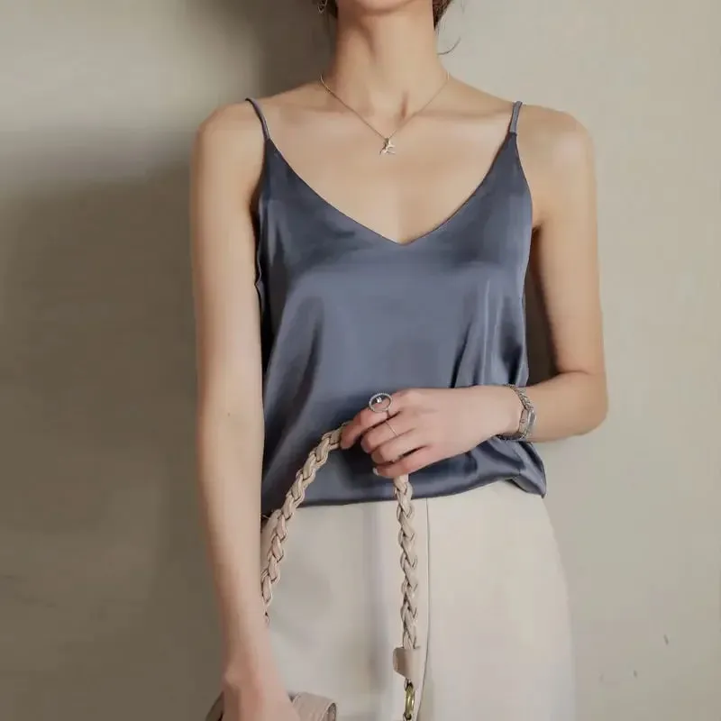 Women Halter V Neck Basic White Cami Spaghetti Strap Top Sleeveless Satin Silk 2026 Tank Tops Women'S Summer Camisole — image 17