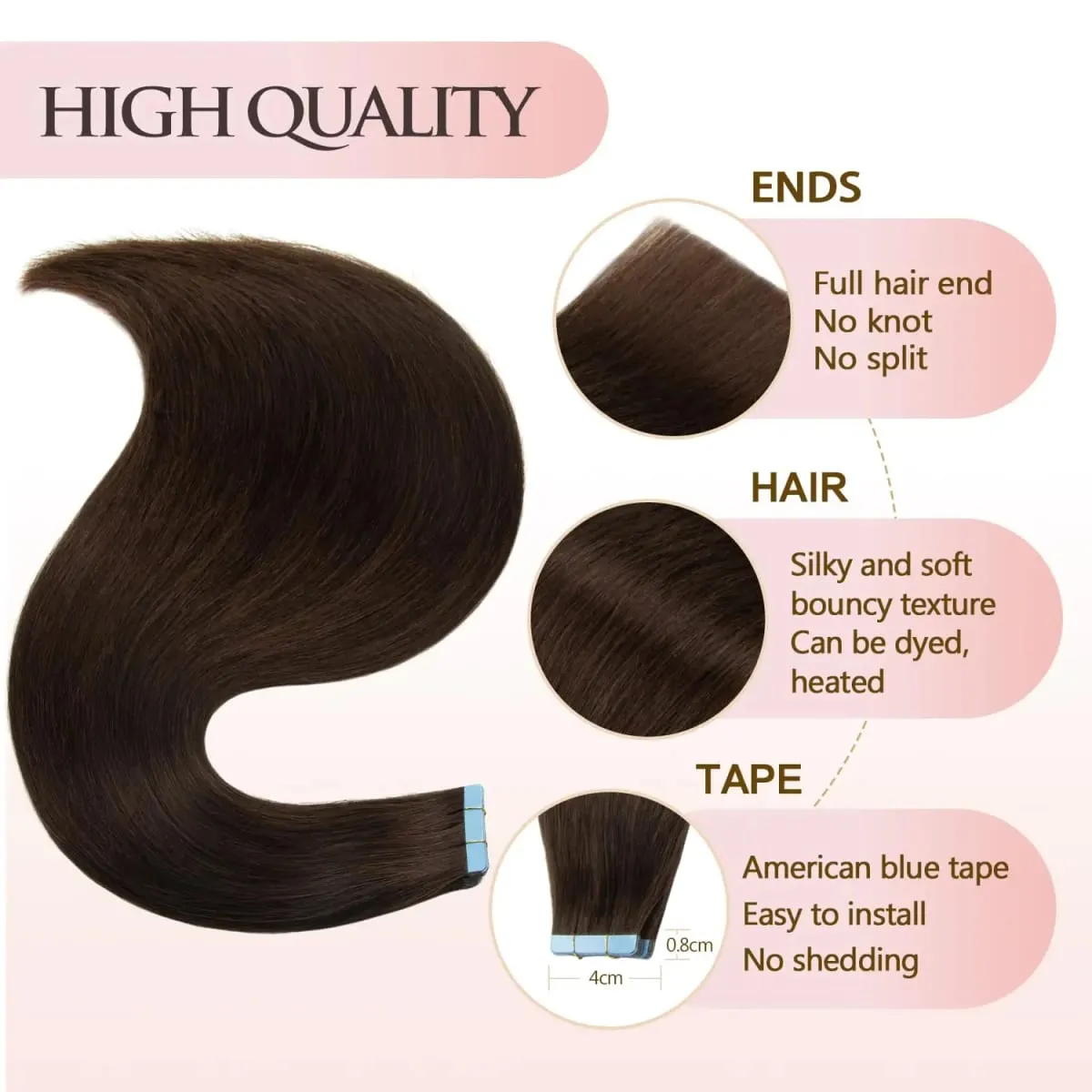 Tape In Hair Extensions 12-20 inch 20 Pcs Set 100% Human Hair Remy Wefts Glue Easy Application for Thin Hair Thick Hair Instant