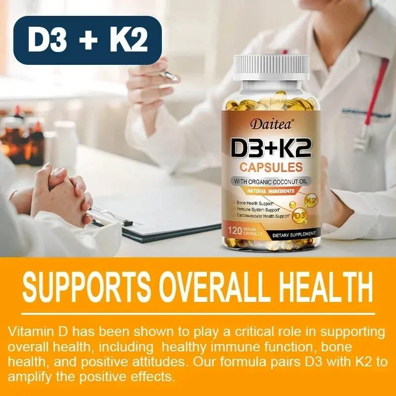 Cápsulas veganas de vitamina D3 K2 - Aceite de coco orgánico - Suplemento diario para un sistema inmunológico y huesos saludables Sin gluten ni soja