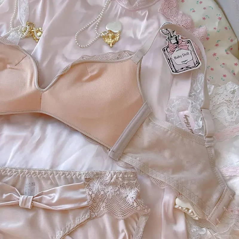 Pink princess thickened small chest big underwear female gathered modal latex lingerie panty suit bow no steel ring bra set