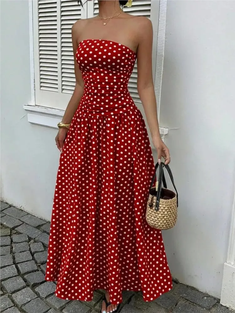 Summer Polka Dot Strapless Sleeveless Long Dress Women 2026 Fashion Off Shoulder Slim Ruffles Dresses Elegant — image 2