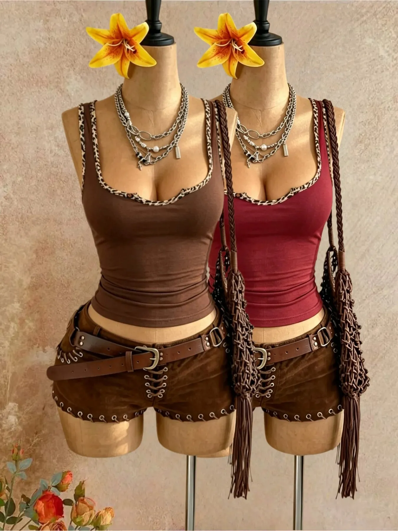 2 Pcs Women Leopard Print Trim U Neck Sleeveless Tank Top Solid Slim Fit Western Y2K Cami Vest Multi-color Wine Red Black