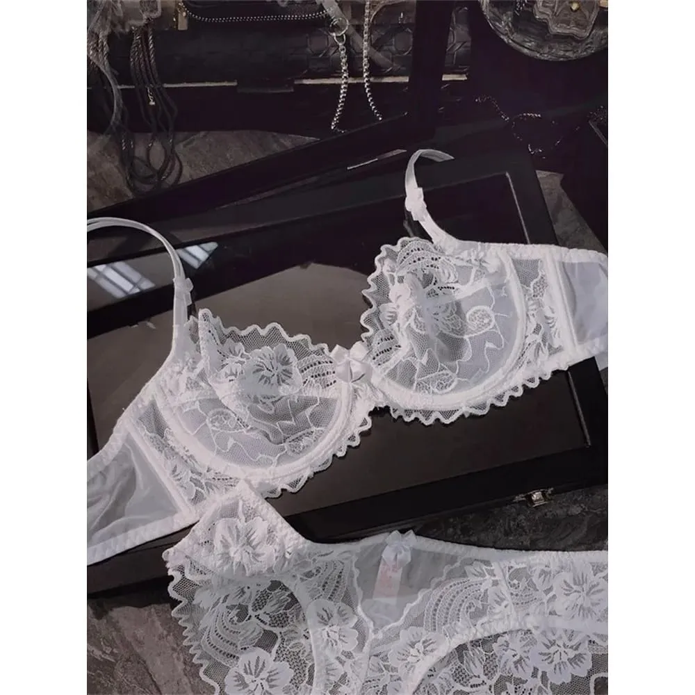 French Ultra Thin Sheer Lace Bra Set Underwire Perspective Beauty Back Large Bust Minimizer Side Shaping Anti Sag 32-38 Bra Set — image 2