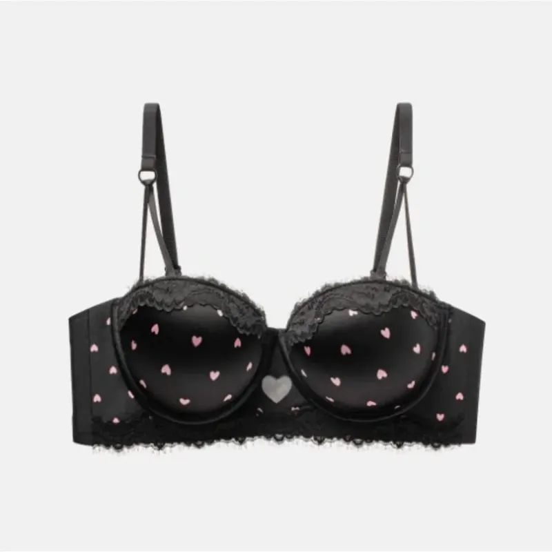 Sweet Girls Heart Lace Bra Set Sexy Push Up Lingerie for Small Breast Anti Sag Side Support Underwear 32‑38AB Bra Set