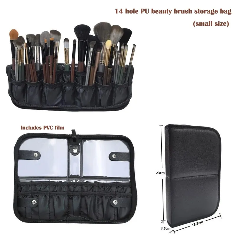 High Quality 14/23/29 Holes PU Cosmetic Makeup Brushes Pouch Portable Black Waterproof Oxford Beauty Brush Bag Organizer — image 12
