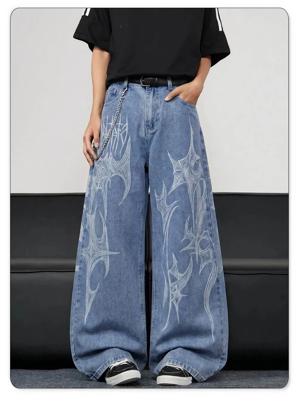 Ανδρικά casual σπιράλ γκράφιτι με στάμπα Hip Hop Oversized φαρδύ τζιν με φαρδύ πόδι Trendy Casual Slop Lazy Street Daily Denim Παντελόνι — image 5