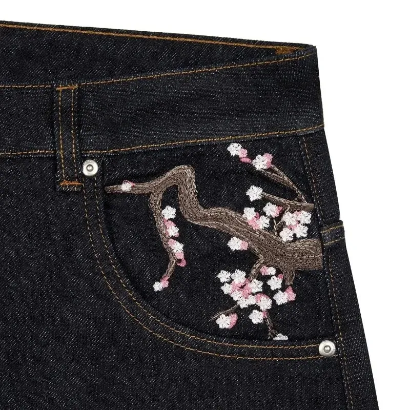 New Sakura Carp Embroidered Jeans Y2k Harajuku Retro Men and Women Loose Street Style Trousers Gothic Punk Casual Straight Jeans