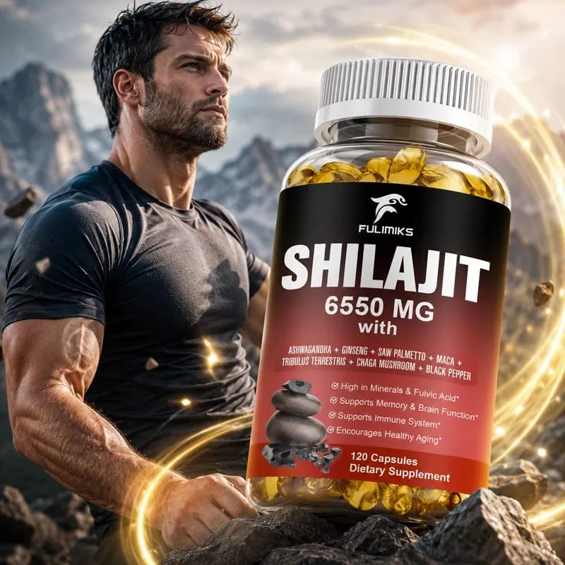 Shilajit 6550MG Capsules with Ashwagandha & Ginseng Supports Energy Stamina Immunity Brain Function & Healthy Aging