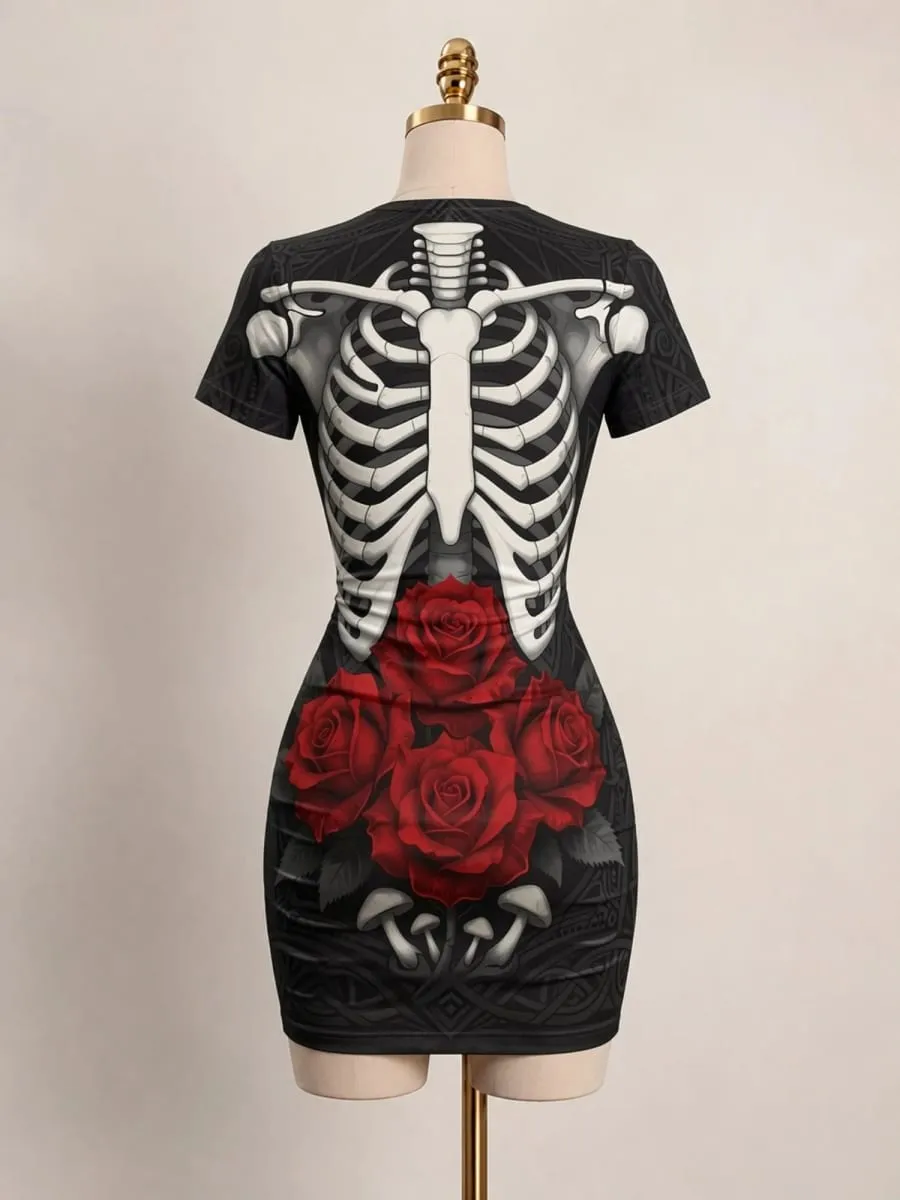 Dam kortärmad Bodycon Miniklänning Slim Fit Rund hals Blommönster Avslappnad Sommarfest Söt Trendig Smickrande Solklänning
