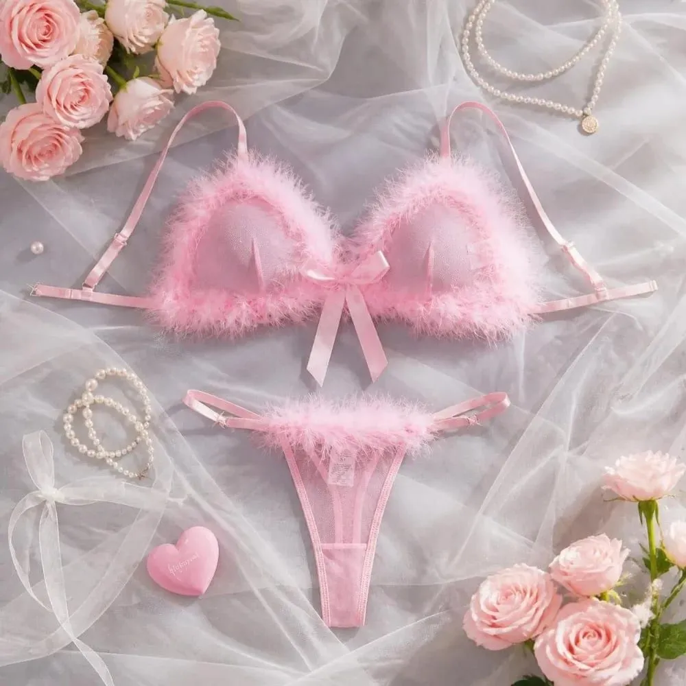 Sweet Furry Women's Underwear Mesh Transparent Wireless Lingerie Set Romantic Intimate Bow Decor Bra Panties Suit Christmas — image 4