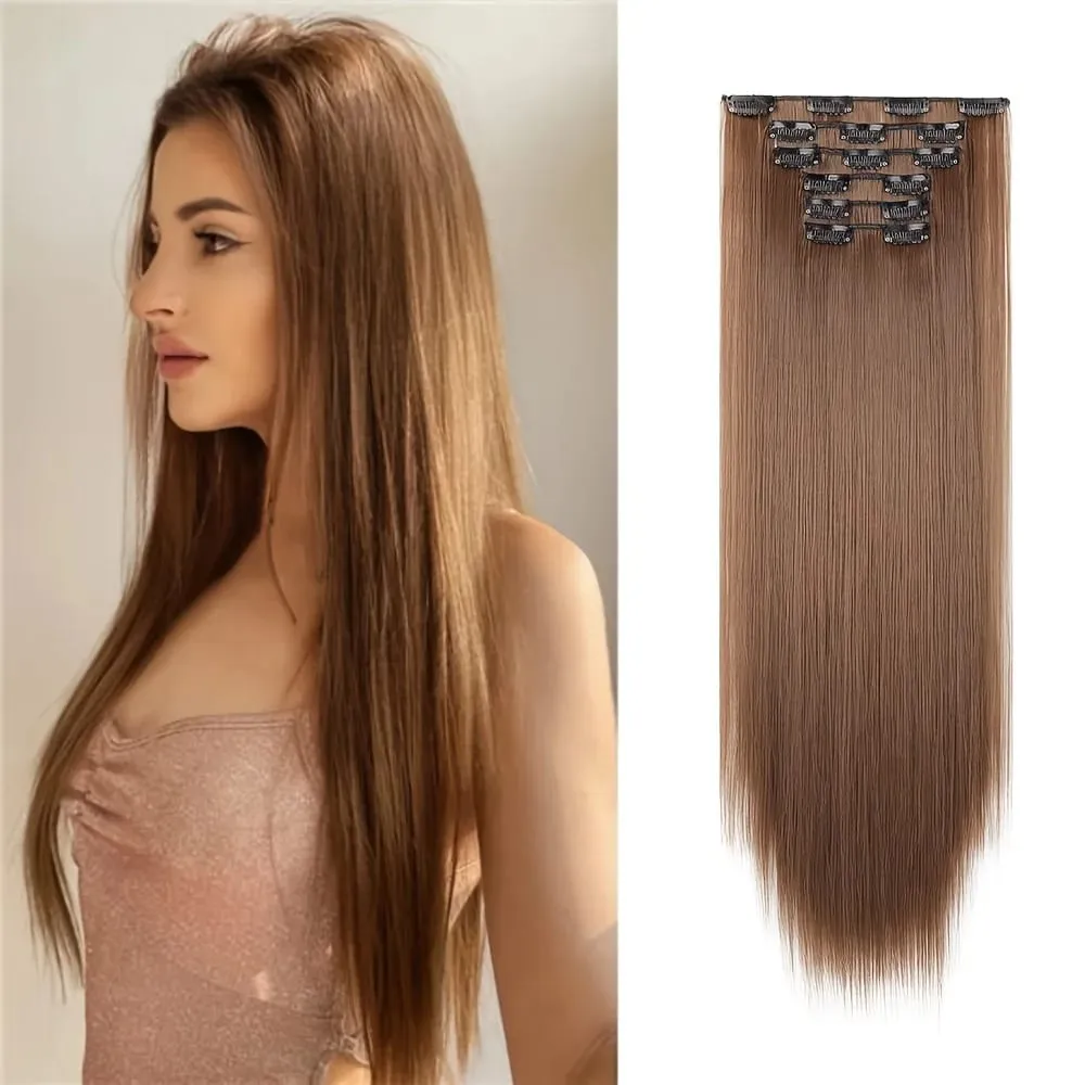 26-inch Light Brown Straight Synthetic Fiber Hair Extensions Multi-Clip Long Hair Extensions (6pcs) for Women — image 4