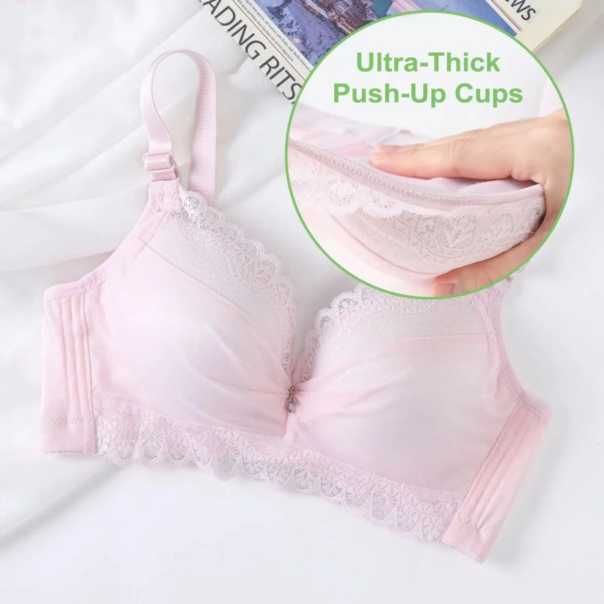 Ultra-Thick 8cm Push up Bra Lace Gathered Wireless Full Coverage Lingerie Side Support for A/B Cup Women