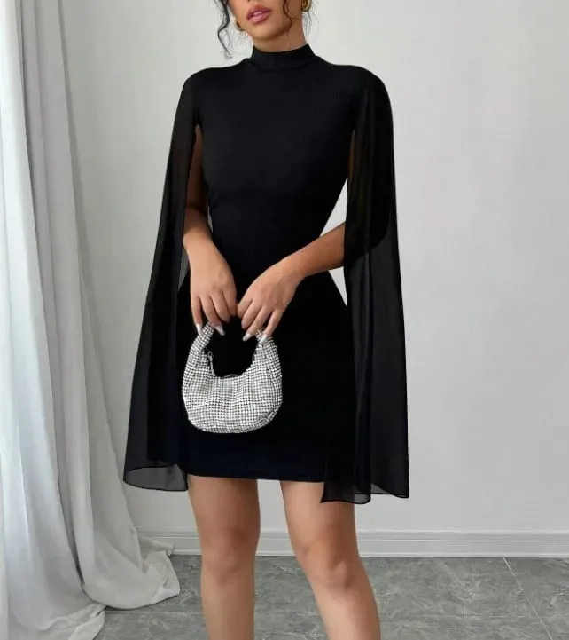 2025 Cross border European and American Women's Round Neck Pit Bar Pearl Chiffon Cloak Wrapped Hip Dress for Women — image 2