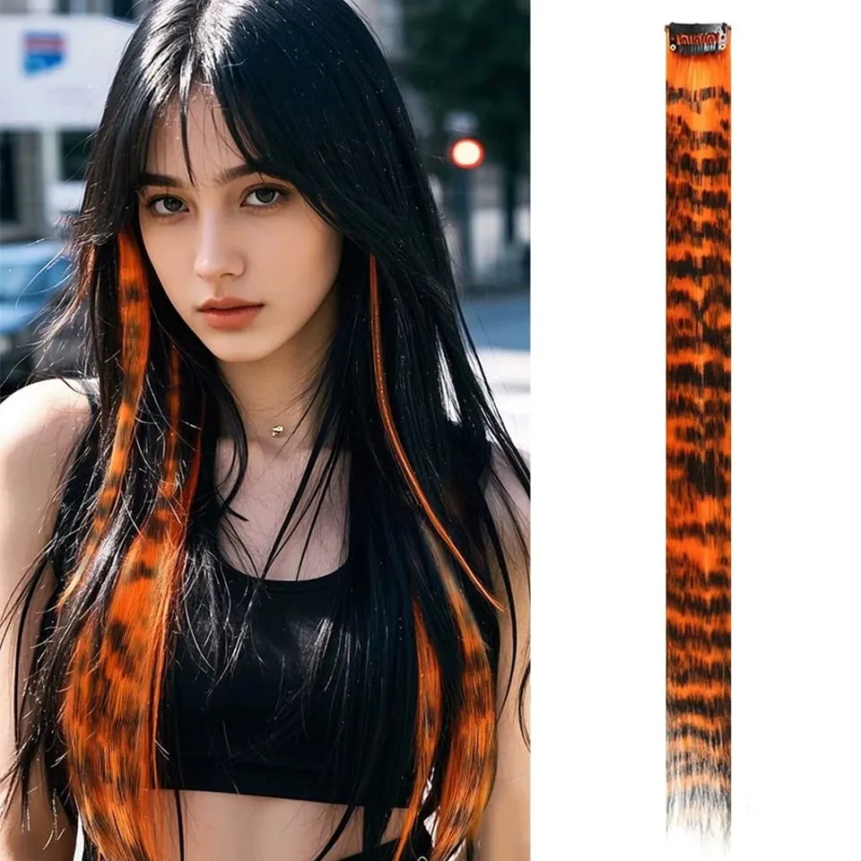 Long Straight Colorful Striped Feather Hairpieces Synthetic Y2K Green Orange Clip in Leopard Print Hair Piece Cosplay Party — image 17