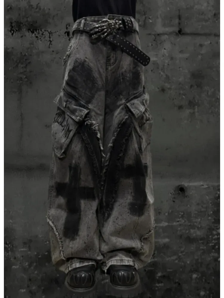 Unsiex Gothic Punk Jeans 2026 Distressed Splash Ink Jeans For Women Men Y2K Graffiti Wide Leg Pants Loose Fit Washed Denim — image 8