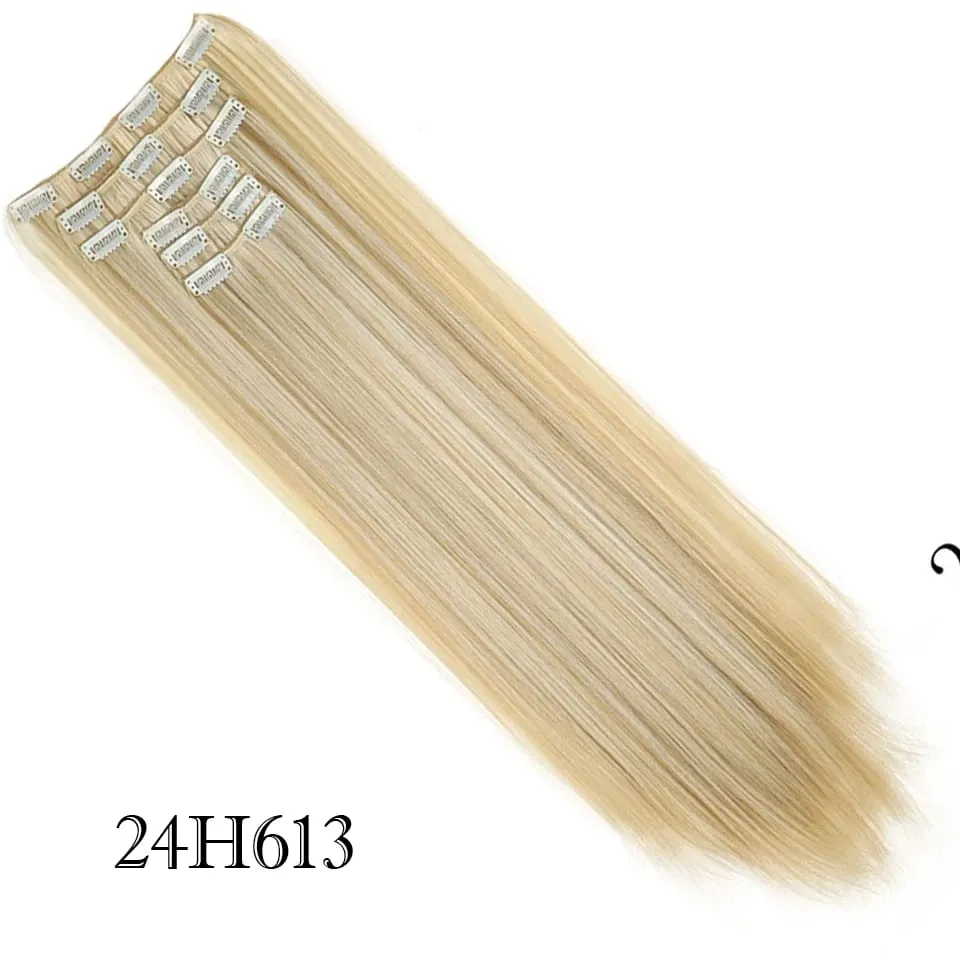 6Pcs/Set Clip In Hair Extension Synthetic Highlights Blonde Long Straight Hairpiece Full Head Thick Hairpieces for Women Girls — image 16