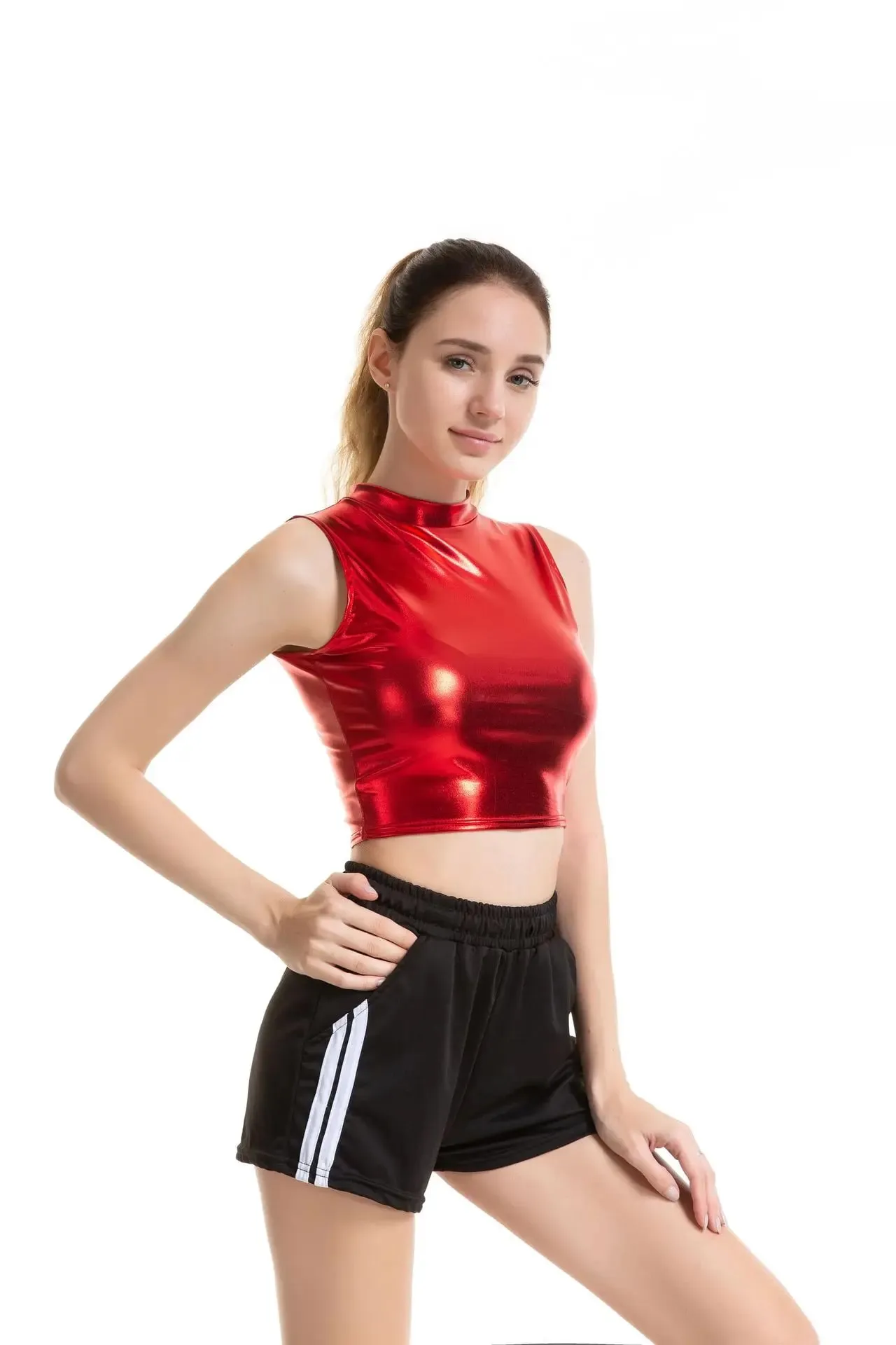 Womens Shiny Metallic Patent Leather Sleeveless Mock Neck Crop Tank Tops Camisole Night Club Party Rave Dance Costume Clubwear — image 10