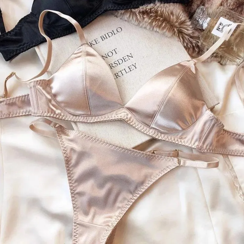 Women French Satin Triangle Cup Lingerie Set Sexy Thin Wireless Bra Seamless Comfort Light Support Brassiere Underwear 32 To 38 — image 4
