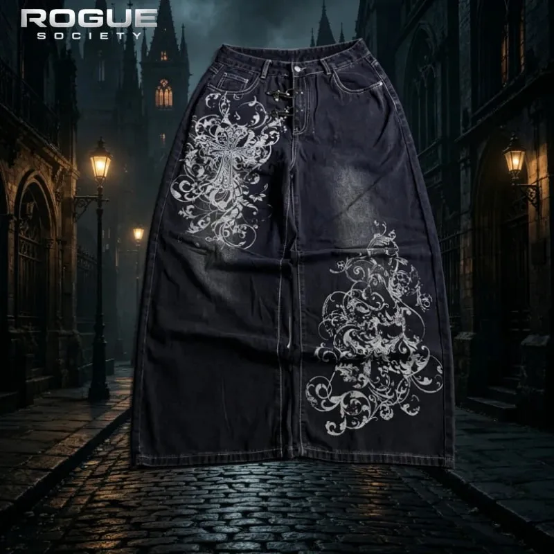 Summer Y2K Vintage Cross Print Denim Pants Men Gothic Wide Leg Baggy Straight Harajuku Trousers Grunge Streetwear Jeans Unisex — image 4