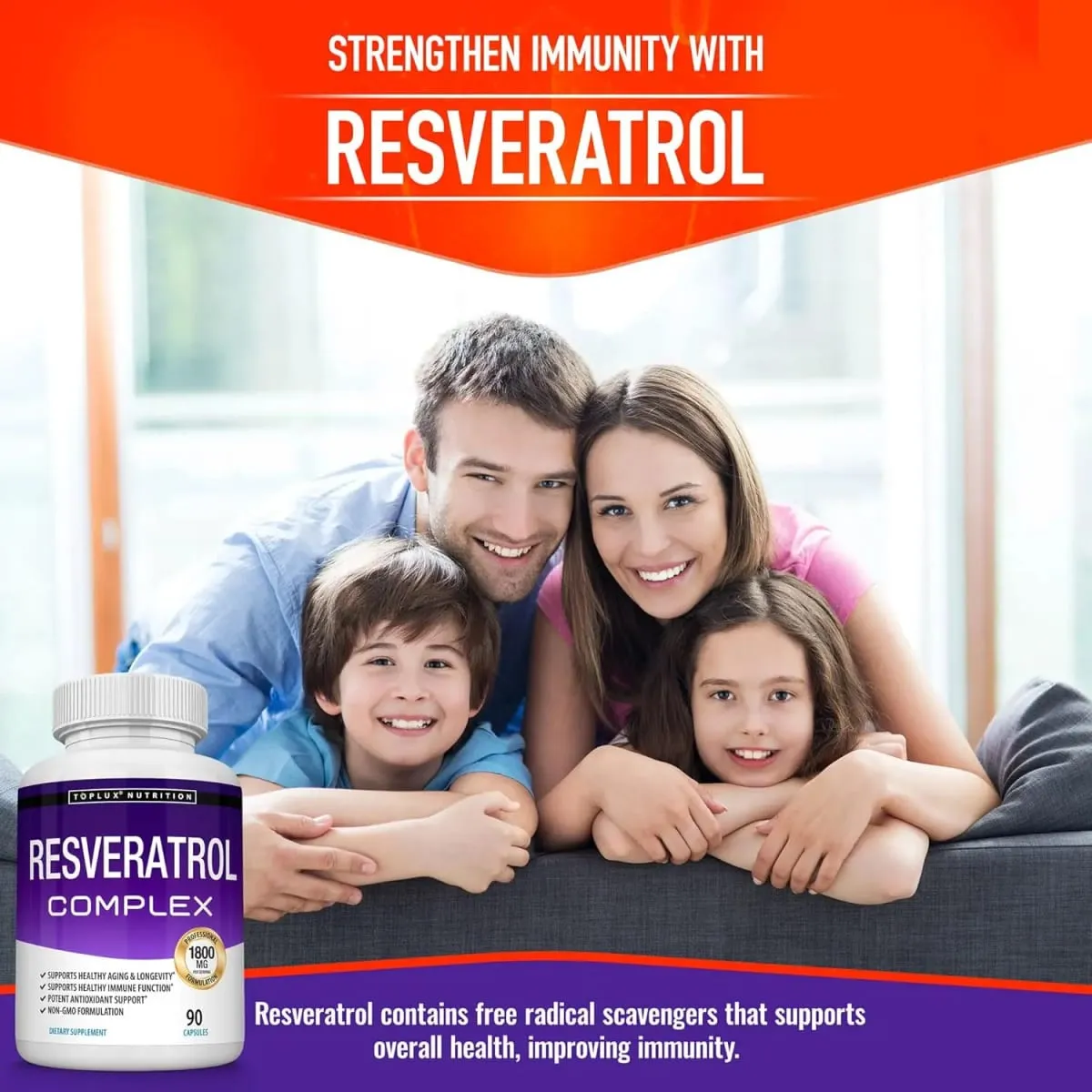 Resveratrol Complex Supplement 1800mg Antioxidant Pills for Healthy Aging Overall Health Immune System Brain Function 90 Caps