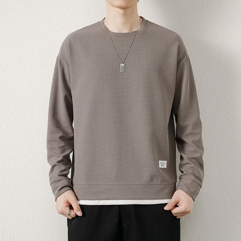Loose for Fit Plaid Sweatshirt for Men with Long Sleeves Round Neck and Fake Two-Piece Visual Design for Everyday Use — image 30