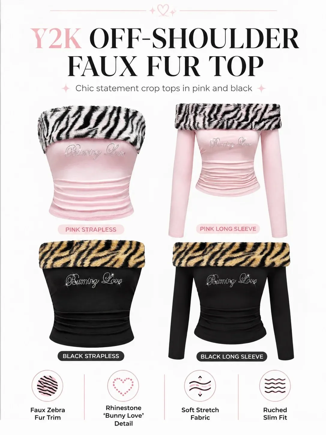 Women Y2K Tiger Print Faux Fur Trim Off Shoulder Top Rhinestone Burning Love Lettering Ruched Waist Fitted Bodycon Cropped Long Sleeve Bardot Tube Top Baddie Going Out Party Club,christmas valentine halloween cosplay costume plus size petit — image 9