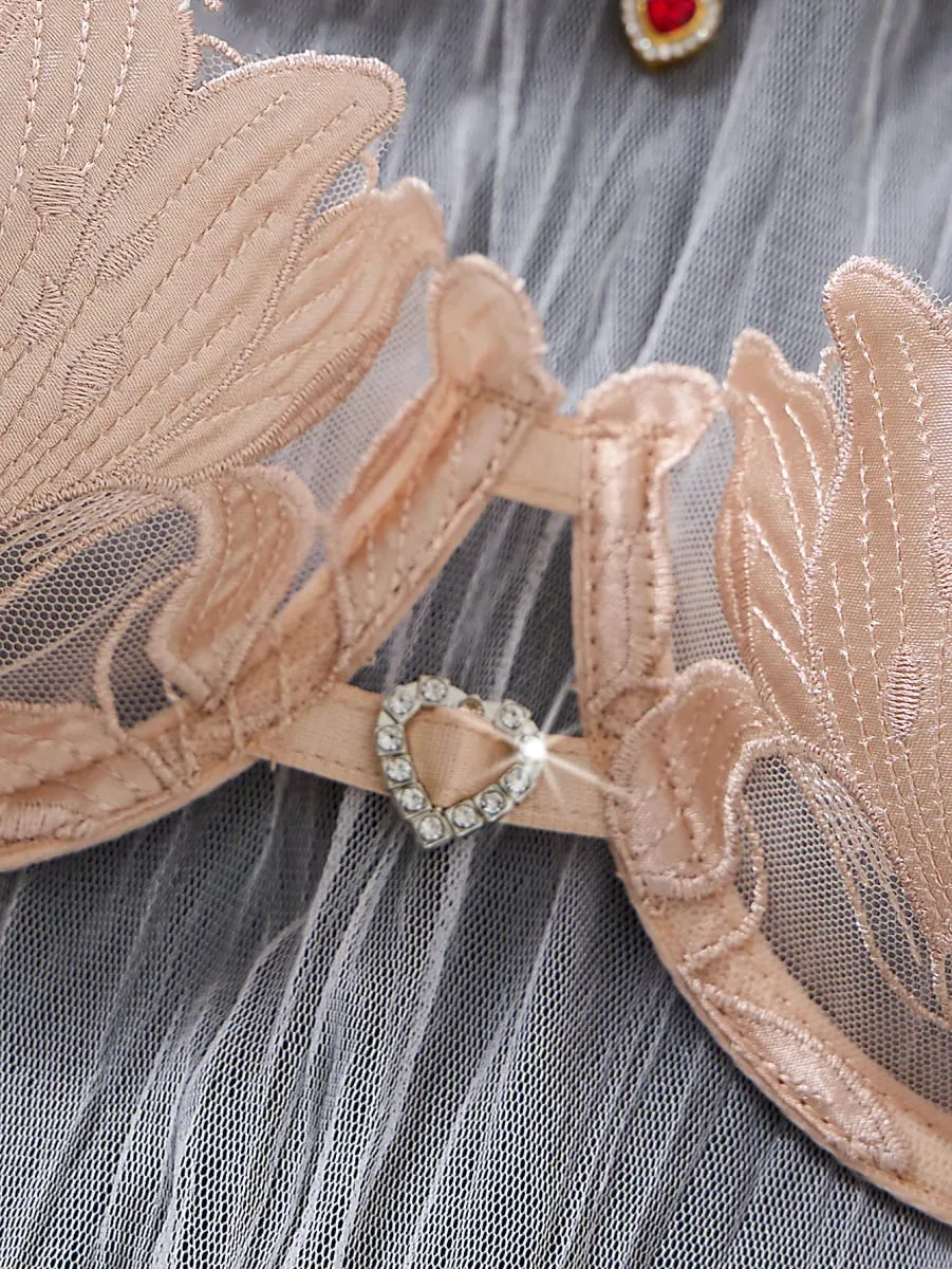 champagne Floral Embroidery Lingerie Set Satin Mesh Underwire Bra Thong Women Intimate Underwear Honeymoon Boudoir ZA824031 — image 5