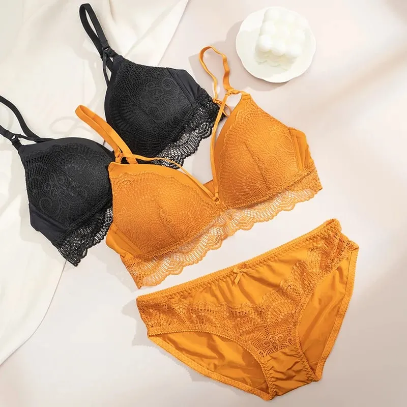 Women Wireless Lace Bra Briefs Set Adjustable Thin Straps Soft Breathable Daily Lingerie Suit 3 Colors Available