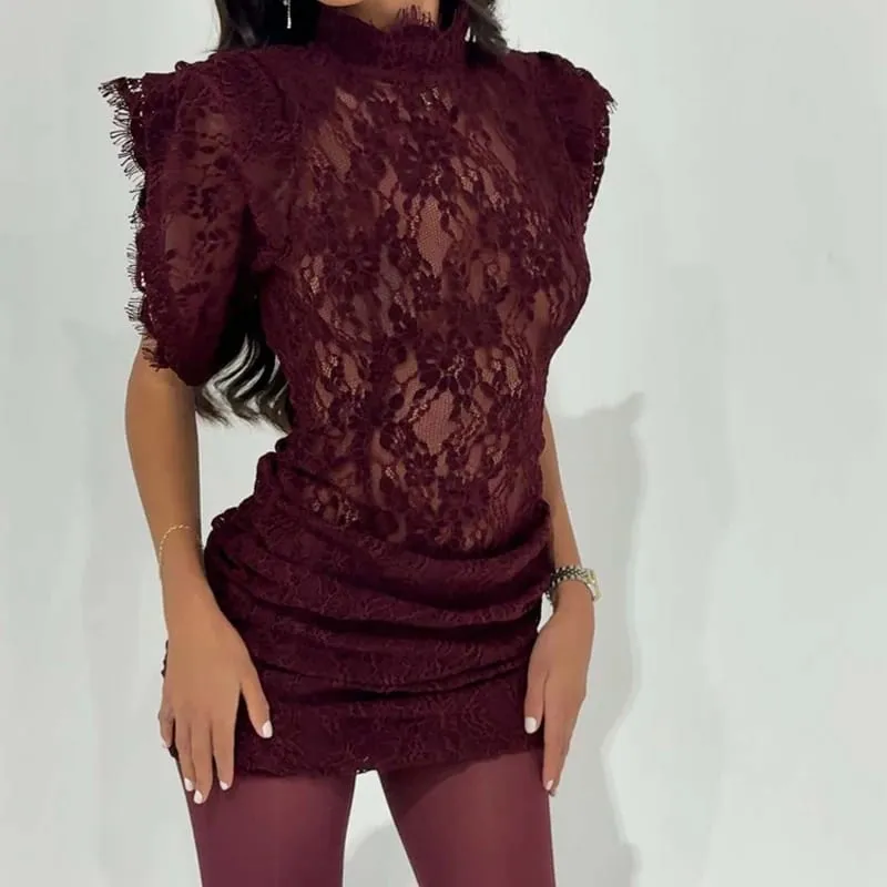 Retro Solid Color Short Sleeved Summer Dress Fashion Embroidery Perspective Party Dress Ladies Stand Collar Lace Slim Mini Dress — image 3