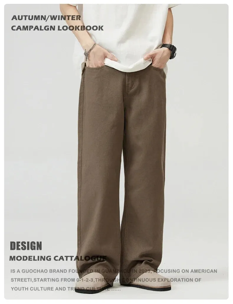 100% Cotton Men's Baggy Straight Jeans Comfortable Soft Casual Pants Fashion Korean White Brown Denim Trousers Male Clothing — image 9