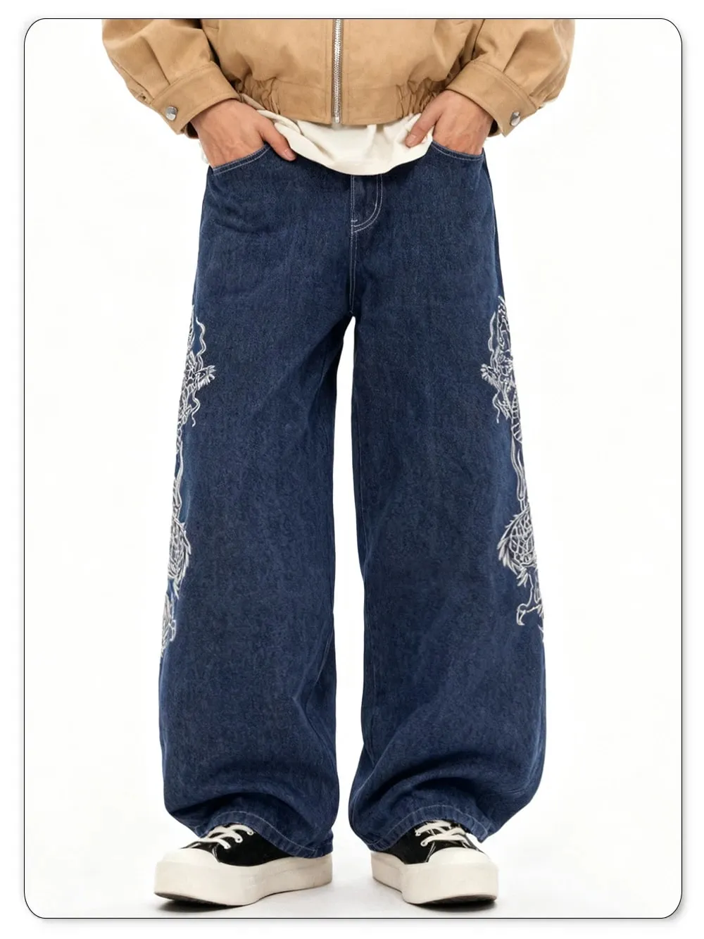 Korean Street Blue Baggy Wide Leg Men's Jeans Personalized White Dragon Pattern Embroidery Denim Pants Gothic Male Jeans Unisex — image 8