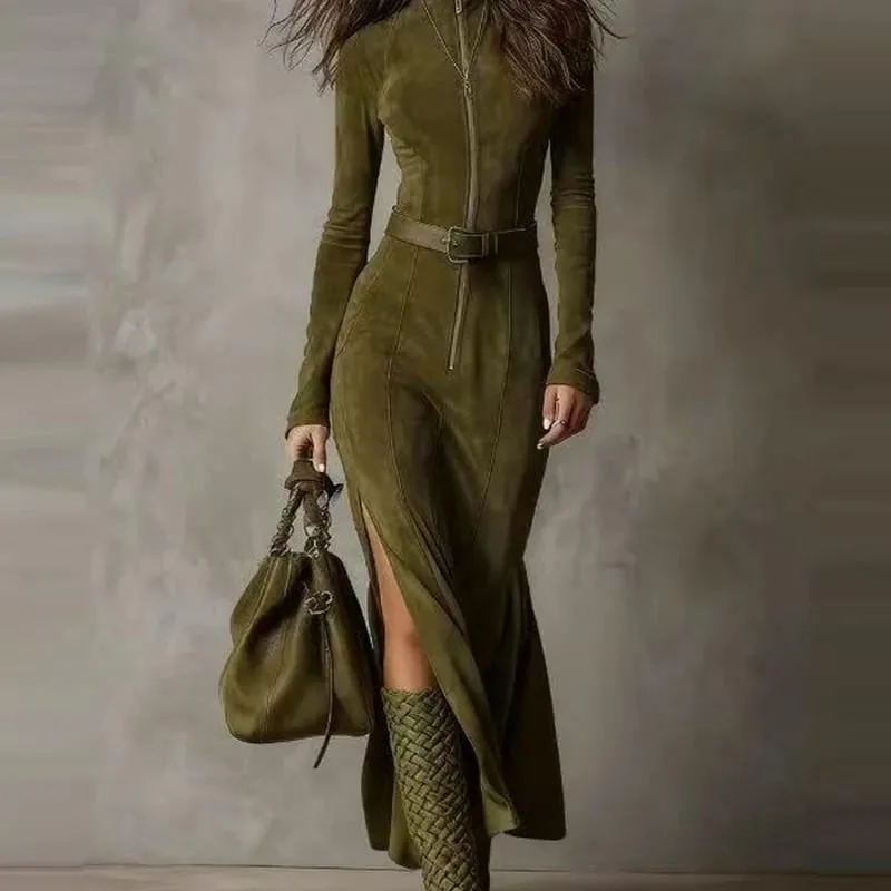 Casual O-neck Long Sleeve Suede Party Dress Elegant Side Split Solid Slim Long Dress Women Fashion With Belt Tie-Up Maxi Dress — image 7
