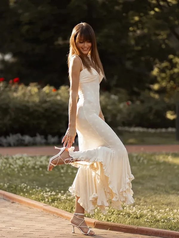 White Polka Dot Maxi Dress For Women Spaghetti Straps Sweetheart Bust Back Ruched Mermaid Flounce Hem Vacation Biryhday Dresses