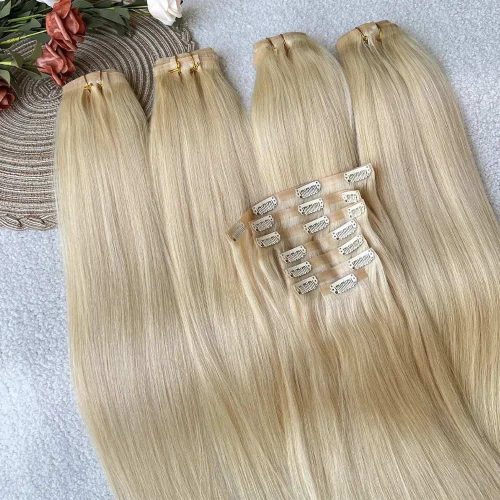 #613 Blonde Clips In Hair Extensions Human Hair Straight Natural Hair Extensions Feel Soft Hairstyle 100g/Bundles For Women — image 6