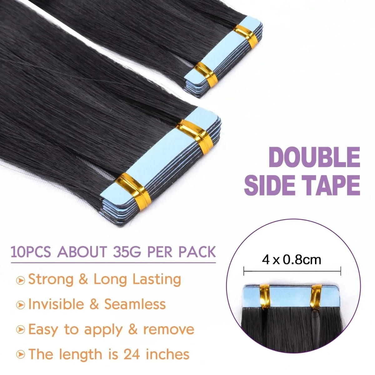 Fita em extensões de cabelo sintético reto invisível mão amarrada fita no cabelo natural trama da pele sem emenda dupla face adesivo — image 3