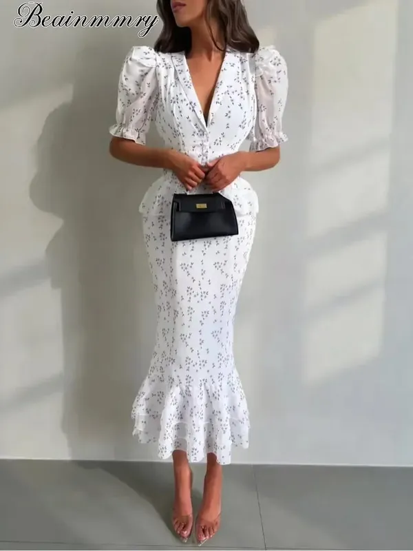 Women Elegant Printed V-neck Dress Chic Lapel Waist Cinched Pleated High Waisted Dresses 2026 Summer New Lady Vacation Gowns — image 2