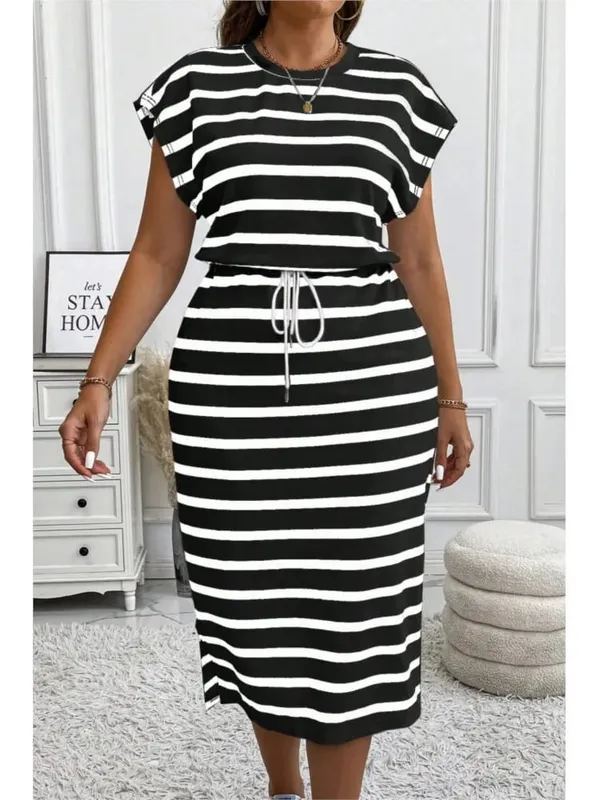2025 Casual Striped Printed Short-sleeved Women's Dress Summer Fashion Cinched Waist Lace Up T Shirt Female Sports Dresses — image 8