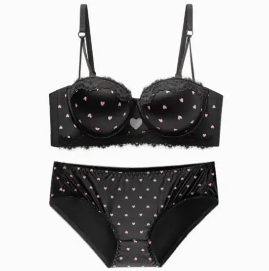 Sweet Girls Heart Lace Bra Set Sexy Push Up Lingerie for Small Breast Anti Sag Side Support Underwear 32‑38AB Bra Set