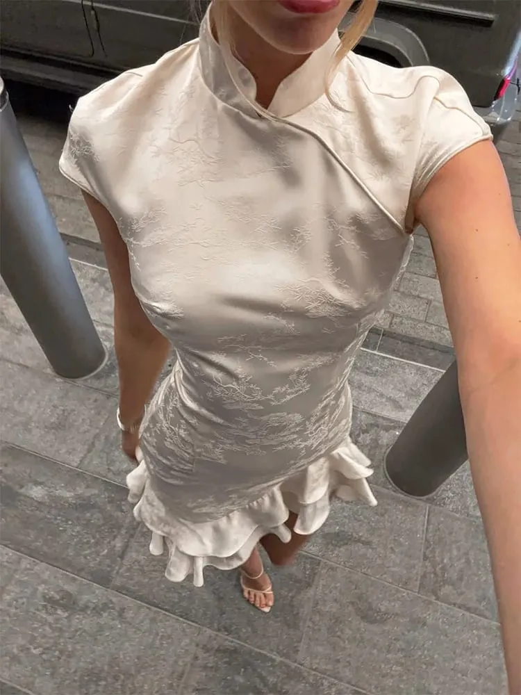 Trendix Women's Elegant Satin Evening Dress Fashion Stand Neck High Waist Slim Mini Dresses Party Sexy Short Sleeve Ruffle Dress — image 3