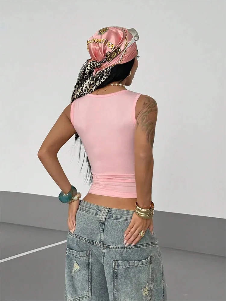 ฤดูร้อนพิมพ์U-คอเสื้อแขนกุดSlim Fit Casual Streetwear Y2K Vintageใหม่อินเทรนด์ผู้หญิงCropped Vest