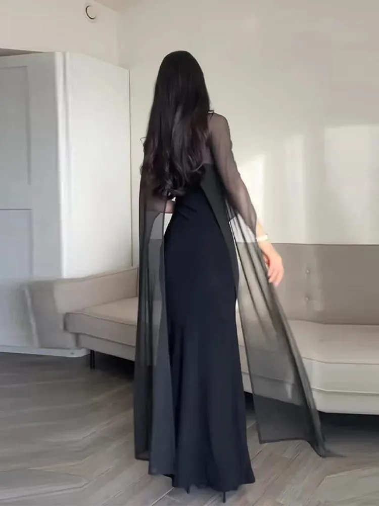 Sheer Cape ผู้หญิงชุดราตรี Elegant Slim V คอแขนกุดสะโพกชุดผู้หญิง 2026 Lady Party Vestidos — image 5
