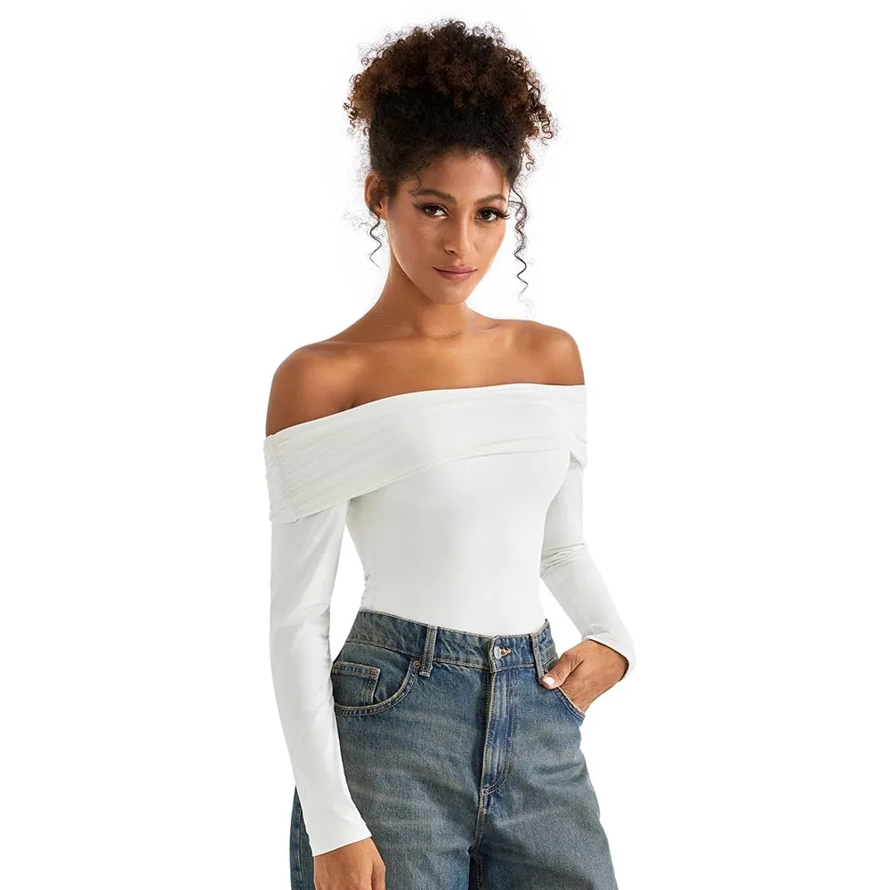 Basic Long Sleeve Bodysuit Blouse for Women Autumn Winter Slim Fit Off Shoulder Bodysuits Streetwear Y2K Bodycon Rompers Femme — image 6