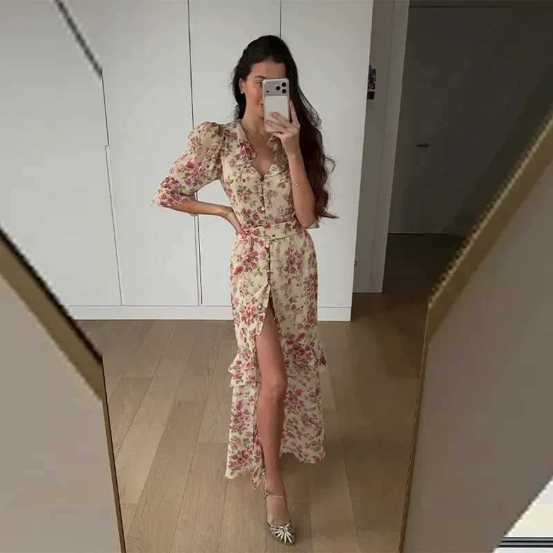 Organza Floral Printed Maxi Dress Fashion V-neck Puff Sleeve 2026 Spring/summer Romantic Women Party Gown Elegant Lady Vestidos — image 10