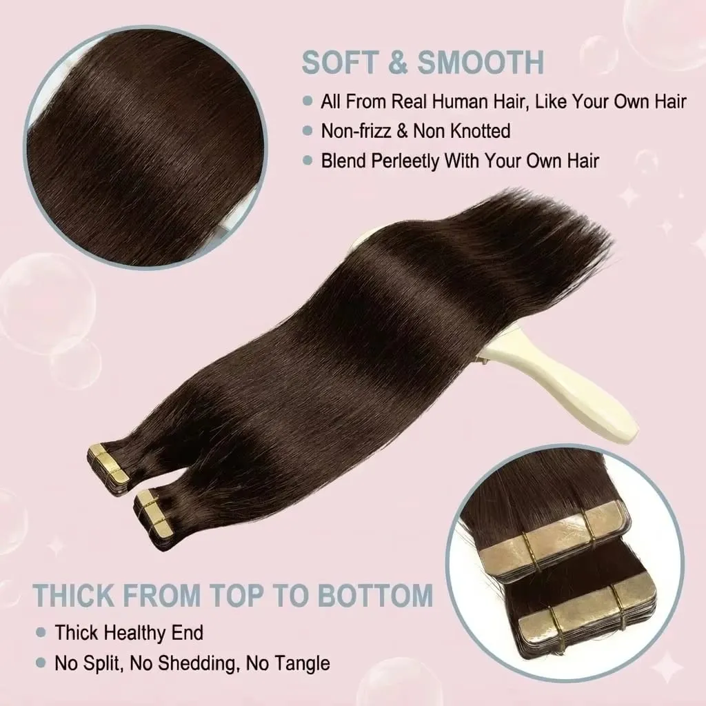 100% Human Hair Tape In Hair Extensions Straight 21pcs/pack Color Adhesive Replaceable Seamless Skin Weft brown Tape For Women — image 7