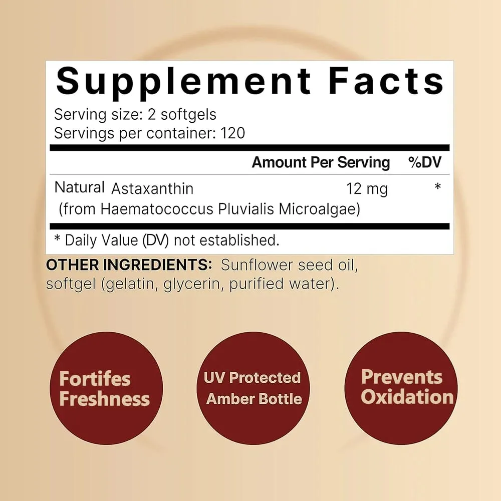 Triple Strength Astaxanthin 12mg - Natural Astaxanthin Antioxidant Supplement Non-GMO Verified & Gluten Free - 120 Softgels
