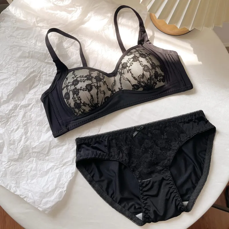 Sexy Push Up Lace Bralette Small Bust Wirefree Comfort Summer Ultra Thin Adjustable Straps Anti-Sagging Lingerie Set S-XL​​ Bra