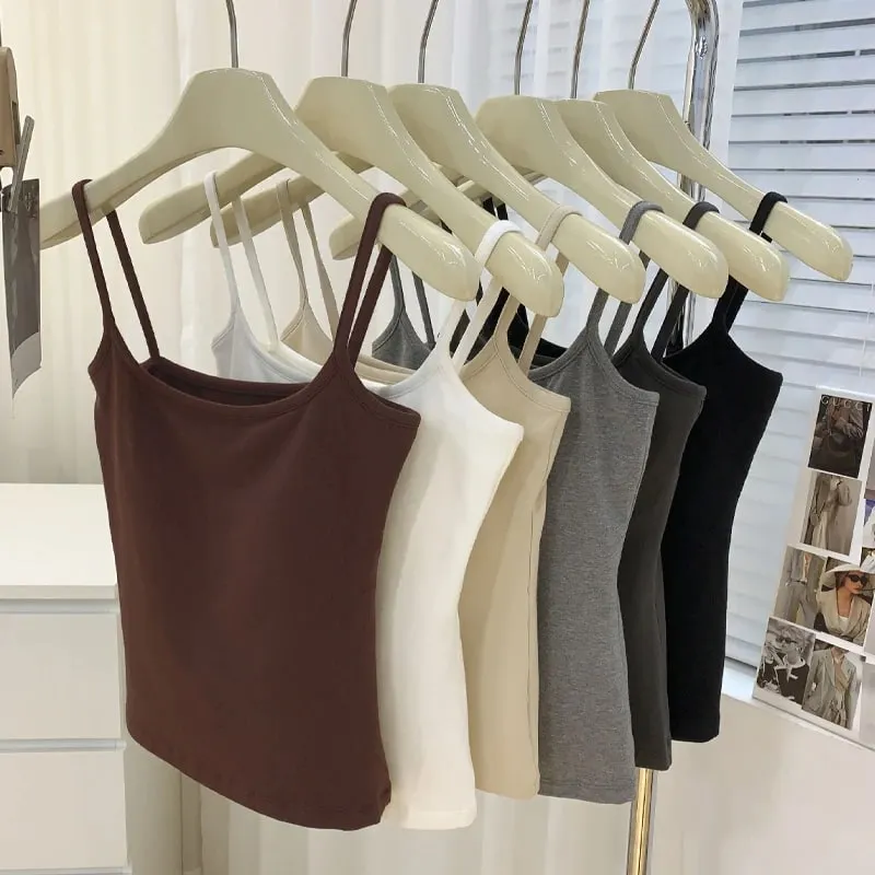 1PC Cotton Spaghetti Straps Sleeveless Slim Camisole Women Soft Breathable Vests with Chest Pad Summer Wear Outside Short Tops — image 2