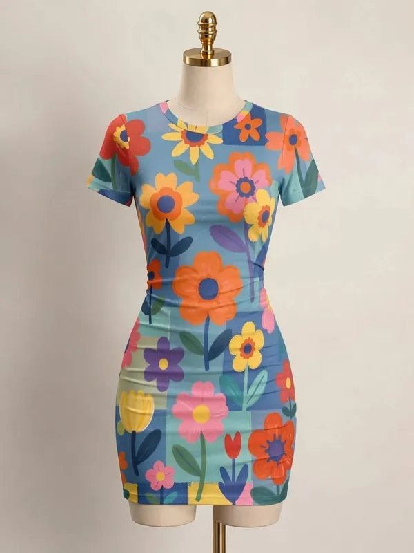 Pakaian Mini Bodycon Lengan Pendek Wanita Slim Fit Leher Krew Cetak Bunga Kasual Pesta Musim Panas Comel Elegan Licin Pakaian Sundress